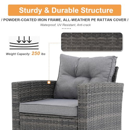 8 Pieces Outdoor Patio Furniture Set with 45” Fire Pit Table, Rattan Patio Conversation Sets with 50000 BTU Gas Fire Pit, Wicker Sectional Sofa Set with Storage Box, Gray (Without Table)