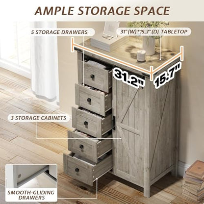 31.5" Farmhouse 5-Drawer Dresser with Barn Door, Rustic Grey, view 7