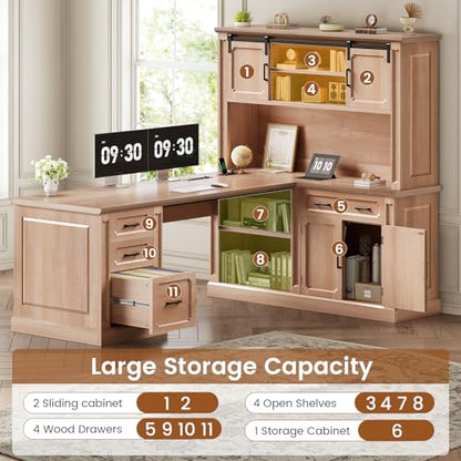 67" Farmhouse Desk with Hutch, L Shaped Office Desk with 4 Drawers & Storage Cabinet, Executive Corner Computer Desk with Sliding Doors, File Drawer & Power Outlet for Home Office, Oak