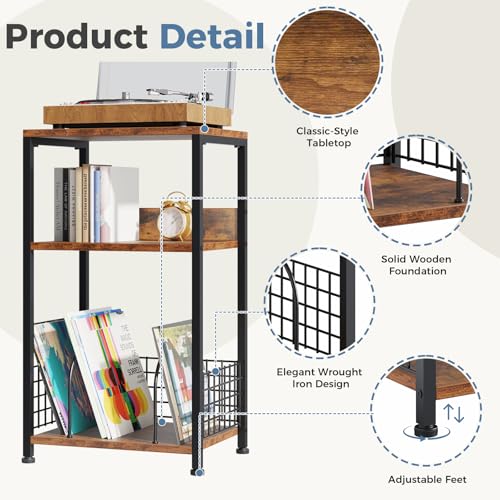 Record Player Stand, Brown, 3-Tier Vinyl Storage, view 5