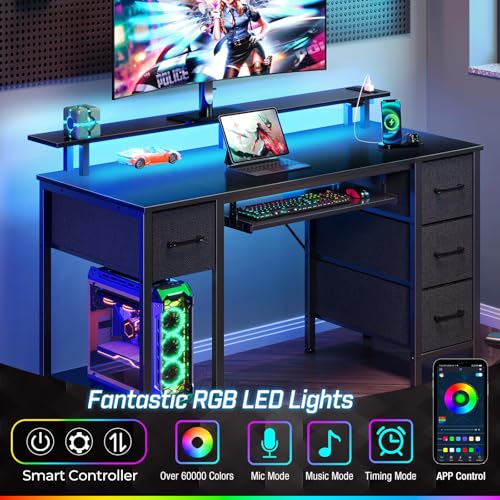 Computer Desk 55.1" with LED Lights & Power Outlets, Home Office Desk with 4 Drawers, Writing Desk with Keyboard Tray, Study De sk with Monitor Stand, Work for Home Office, Black