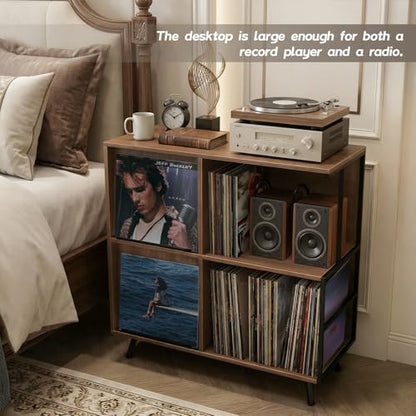3 Tier Record Player Stand with Flip-Down Record Shelf, Walnut, view 6
