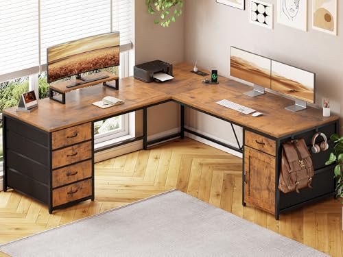 63'' L Shaped Desk with 5 Drawers,Corner Desk with Monitor Shelf, view 2