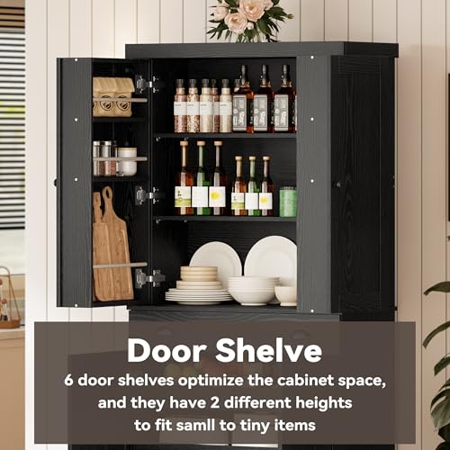 Kitchen Pantry Cabinet 72" Height, Freestanding Cupboard with Drawer, Sliding Storage Rack, and 6 Hanging Shelves for Dining Room, Laundry, Living Room, Black