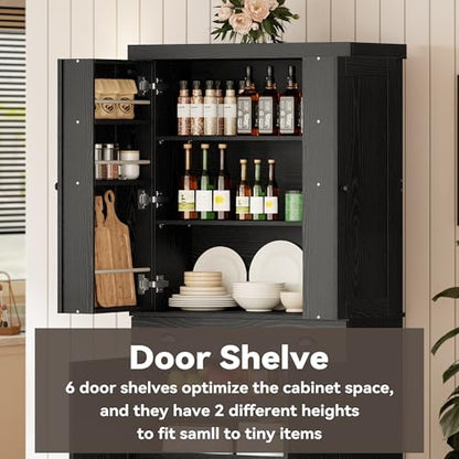 Kitchen Pantry Cabinet 72" Height, Freestanding Cupboard with Drawer, Sliding Storage Rack, and 6 Hanging Shelves for Dining Room, Laundry, Living Room, Black
