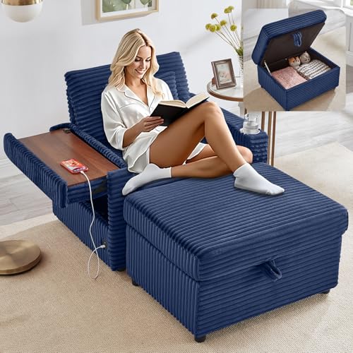 Chaise Lounge Chair Indoor with Ottoman, Corduroy Sofa Bed with Table Board, view 2