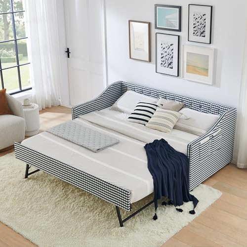 JIVOIT Twin‑Size Upholstered Daybed with Pull‑Out Trundle, Upholstered Convertible Daybed with Side Storage, Tufted Button Backrest & Padded Armrests, Perfect for Compact Living (Black-Twin,32)