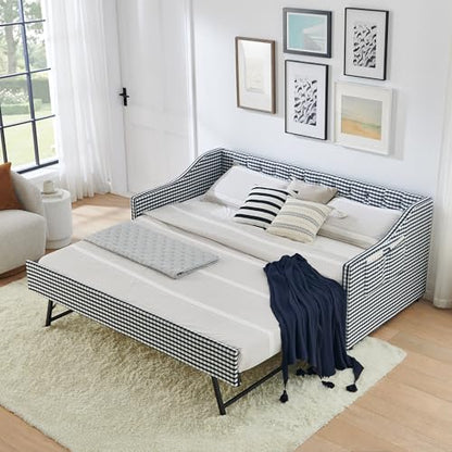 JIVOIT Twin‑Size Upholstered Daybed with Pull‑Out Trundle, Upholstered Convertible Daybed with Side Storage, Tufted Button Backrest & Padded Armrests, Perfect for Compact Living (Black-Twin,32)