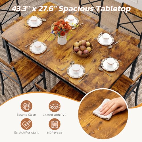 7-Piece Dining Table Set, Kitchen Table Chairs Set of 6, Dining Room Sets for 6, Farmhouse Dining Table Set with 6 X-Shaped Curved Backrest Chairs, for Kitchen & Living Room-Rustic Brown