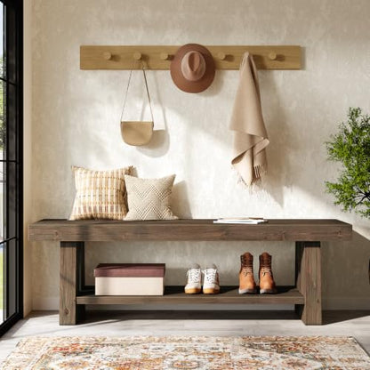 63'' Solid Wood Entryway Bench with Open Shelves, view 6