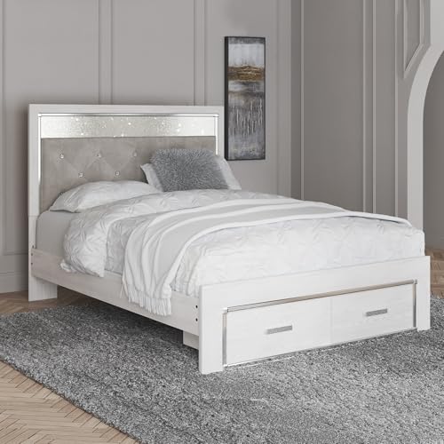 Signature Design by Ashley Altyra Contemporary Adjustable Tufted Queen Upholstered Storage Platform Bed with LED Lights and 2 Drawers, Foundation or Box Spring Not Needed, White & Gray