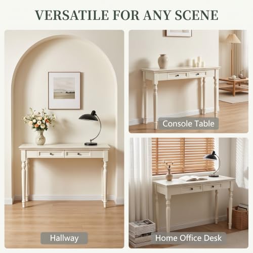 47" Narrow Solid Wood Writing Desk with 2 Drawers,White, view 6