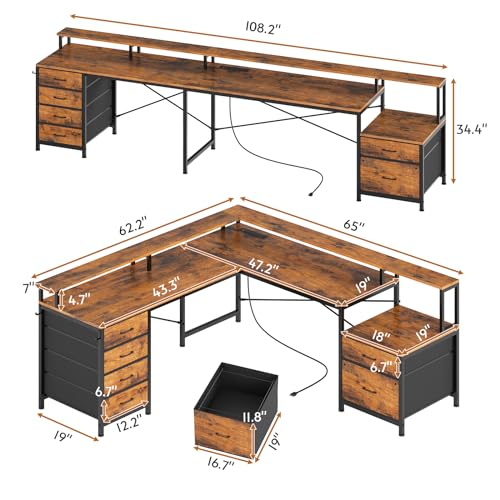 L Shaped Desk with 6 Drawer, 108" Home Office Desk with File Drawer & Power Outlet, Corner Computer Desk with Monitor Shelf, Two Person Desk, Gaming Desk with Led Lights, Rustic Brown
