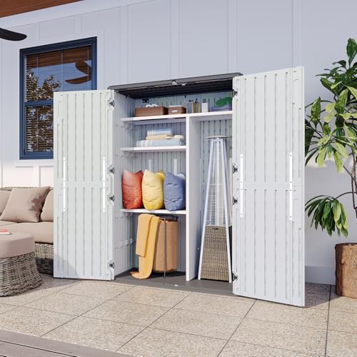 Outdoor Resin Storage Shed with Metal Shelving Kit & Floor, 64 Cu.Ft Vertical Waterproof Storage Cabinet for Garage, Pool, Bike, Garden Tools, Patio Furniture (White)