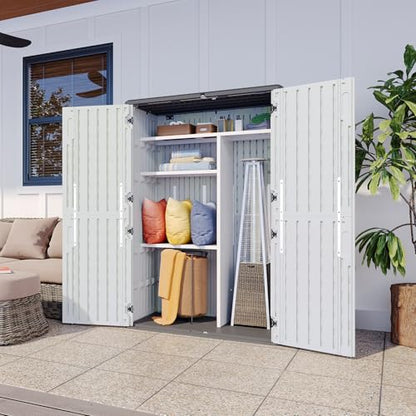 Outdoor Resin Storage Shed with Metal Shelving Kit & Floor, 64 Cu.Ft Vertical Waterproof Storage Cabinet for Garage, Pool, Bike, Garden Tools, Patio Furniture (White)