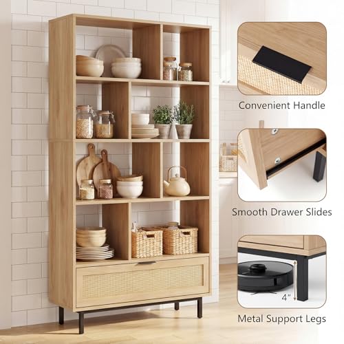 64" Tall Bookshelf with Rattan Drawer, 6-Tier Wood Bookcase with 8 Open Storage Cubes, Metal Legs, Freestanding Display Storage Organizer for Living Room, Home Office, Kitchen (Natural)