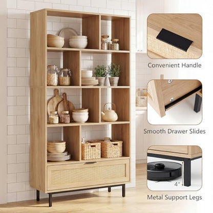 64" Tall Bookshelf with Rattan Drawer, 6-Tier Wood Bookcase with 8 Open Storage Cubes, Metal Legs, Freestanding Display Storage Organizer for Living Room, Home Office, Kitchen (Natural)