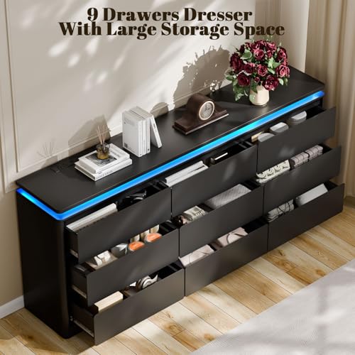 9 Drawer Dresser for Bedroom, 63" Long Black Chest of Drawers w/LED Lights, view 4