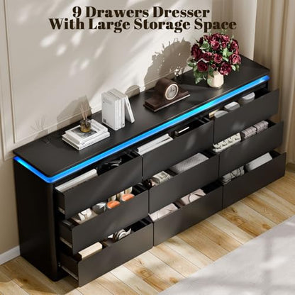 9 Drawer Dresser for Bedroom, 63" Long Black Chest of Drawers w/LED Lights, view 4