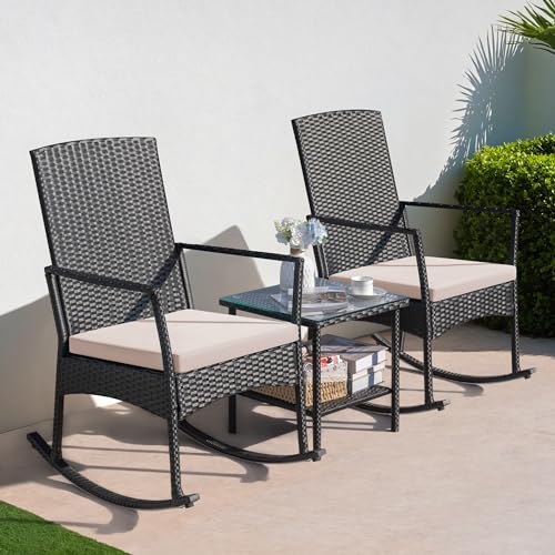 3 Pieces Patio Furniture Set Outdoor Wicker Rocking Chairs with Glass Coffee Table for Garden Backyard Porch Poolside, Beige