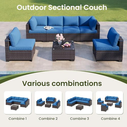 7-Piece Outdoor Patio Furniture Set, 6-Seat All-Weather PE Rattan Wicker Patio Sectional Furniture Set with Coffee Table, 450 lb Capacity