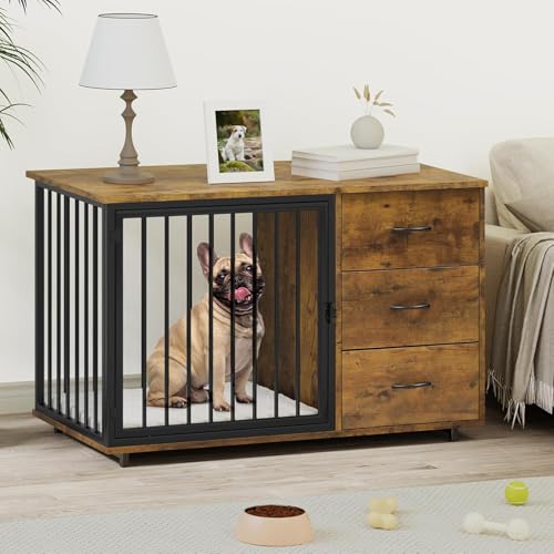 46" Dog Crate Furniture with Hidden Dog Feeders & 2 Drawers, view 2