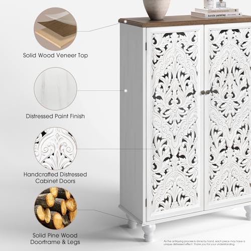 47" Tall Accent Cabinet with Carved Doors & Storage for Living Room | Vertical Storage, Carved Floral Design, Mandala White Buffet, Boho/Farmhouse/Rustic Style, Adjustable Shelves, Easy Assembly