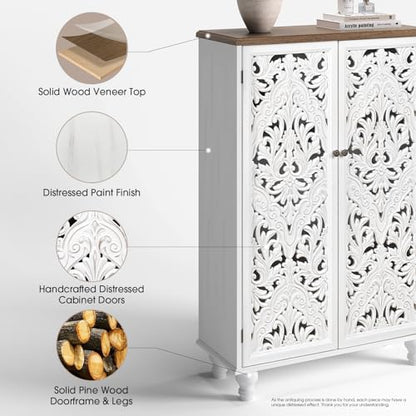 47" Tall Accent Cabinet with Carved Doors & Storage for Living Room | Vertical Storage, Carved Floral Design, Mandala White Buffet, Boho/Farmhouse/Rustic Style, Adjustable Shelves, Easy Assembly