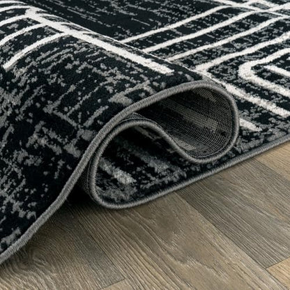 Black and White Geometric Area Rug – Abstract Curved Line and Square Pattern Carpet for Living Room, Bedroom, or Office – Contemporary Soft Floor Décor 2' 3" x 8' Runner Black