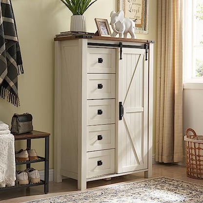 5 Drawers Dresser for Bedroom w/Sliding Barn Door, Farmhouse Modern Tall Dresser 5 Chest of Drawers, Storage Organizer for Bedroom, Hallway, Living Room, Kids Room, Antique White