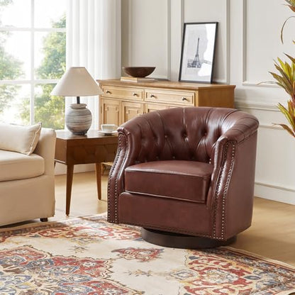 Genuine Leather Swivel Accent Chair, Swivel Rocker Barrel Chair, Traditional Chesterfield Armchair with Button-Tufted Design, No Assembly Required, Brown