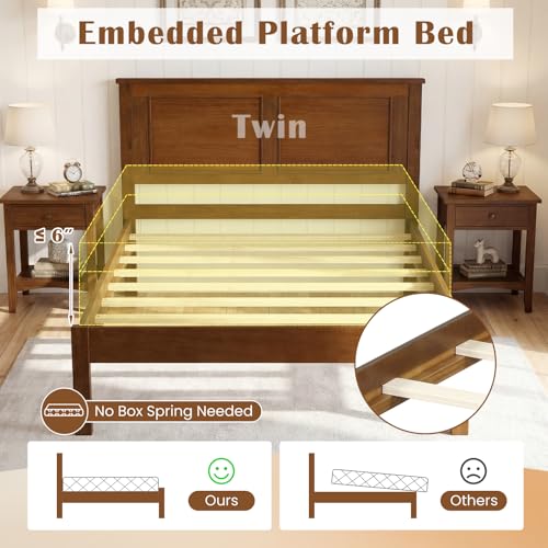 Twin Size Bed Frame with Solid Wood Legs and Wooden Slats, view 6
