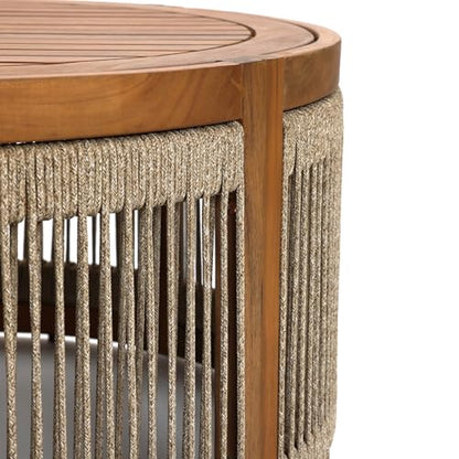 LuxenHome Outdoor Coffee Table, 31'' Acacia Wood Rope Drum Round Sides Patio Tables, Modern Farmhouse Garden Coffee Table, Outdoor Furniture for Porch, Balcony, Outside Furniture