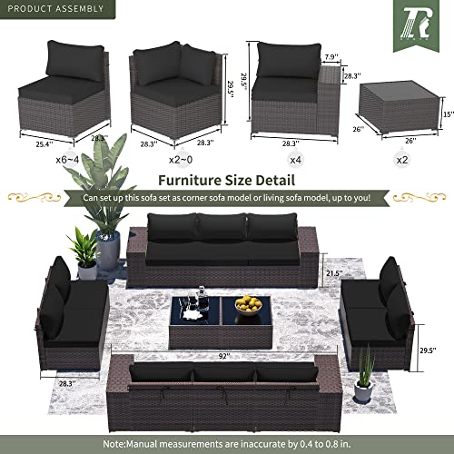 12 PCS Outdoor Patio Furniture Set,Outdoor Sectional Furniture All Weather PE Rattan Wicker Patio Conversation Set with 2 Coffee Tables and 10 Thickened Cushions,Black