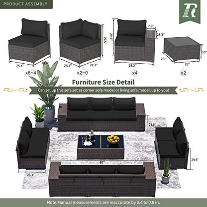 12 PCS Outdoor Patio Furniture Set,Outdoor Sectional Furniture All Weather PE Rattan Wicker Patio Conversation Set with 2 Coffee Tables and 10 Thickened Cushions,Black