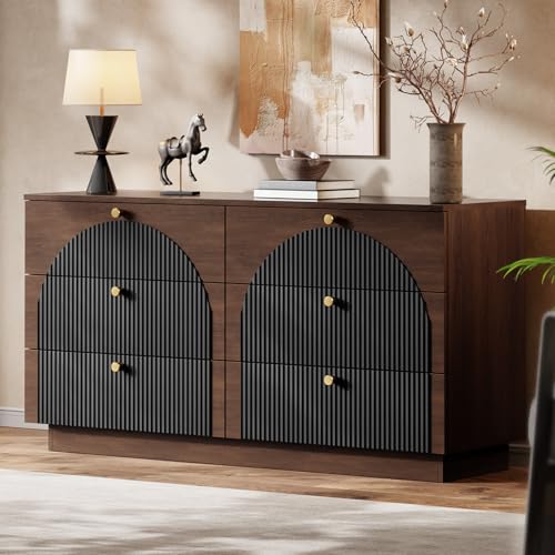 Arched Fluted Dresser for Bedroom 6 Drawers 55" Wide Walnut Black, view 2