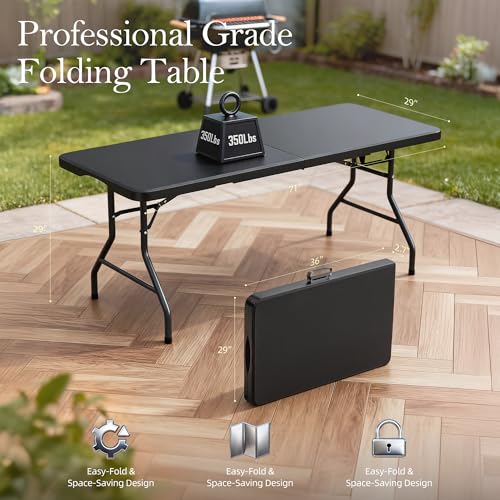 6FT Folding Table with Carrying Handle: Upgrade Thickened Heavy Duty Portable Foldable Table | Plastic Folding Tables for Party, Dining, Wedding, Events, Picnic Indoor, Outdoor, Camping, Utility Black