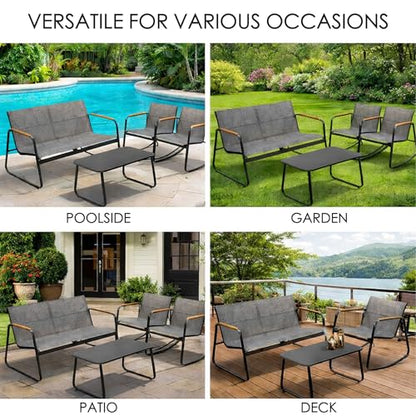 4-Piece Outdoor Patio Furniture Set with Textilene Chairs, Metal Conversation Set, Tempered Glass Coffee Table, Powder-Coated Steel Frame for Garden, Poolside, Backyard Gray