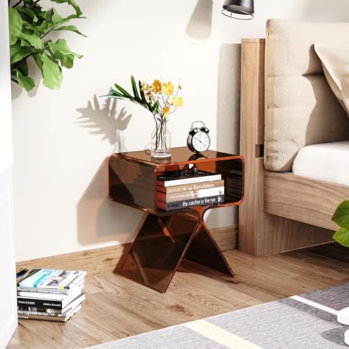 Acrylic Nightstand Side Table Modern Design Clear Home Decor Display End Table for Living Room (Dark Brown)
