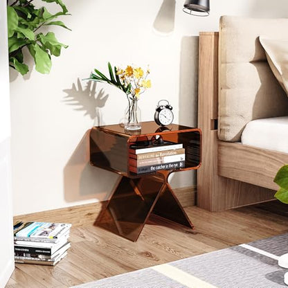Acrylic Nightstand Side Table Modern Design Clear Home Decor Display End Table for Living Room (Dark Brown)