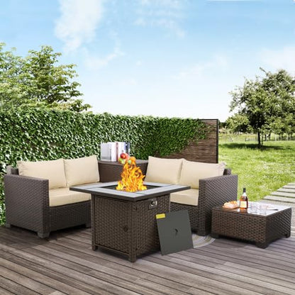 Patio Furniture Set 5 Pieces Outdoor Conversation Sets PE Rattan Couch Loveseat Resin Wicker Sectional Sofa with Storage Box Coffee Table and Propane Fire Pit, Khaki Cushion