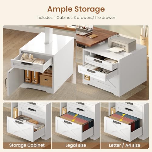 Farmhouse L Shaped Standing Desk, 70.1" x 73.2" Height Adjustable Home Office Executive Desk with Drawers, Power Outlet, Monitor Stand, Sit Stand Table with Led Lights for Home Office, White