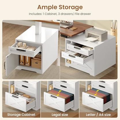 Farmhouse L Shaped Standing Desk, 70.1" x 73.2" Height Adjustable Home Office Executive Desk with Drawers, Power Outlet, Monitor Stand, Sit Stand Table with Led Lights for Home Office, White