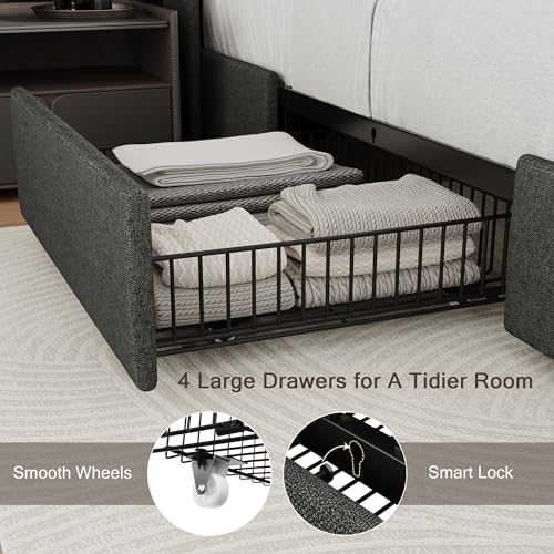 King Size Bed Frame with 4 Storage Drawers and Charging Station, view 4