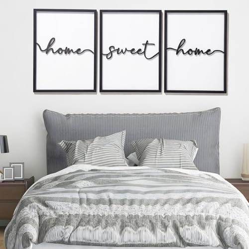 3D Wood Home Sweet Home Wall Art, Modern Home Sweet Home Sign for Large Living Room Wall Decor(Ready to Hang, Set of 3, 12x16 Inch, Framed)