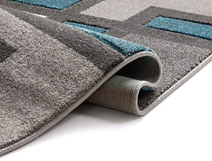 Uptown Squares Blue Grey Modern Geometric Comfy Casual Hand Carved 9x13 (9'3'' x 12'6'') Area Rug Easy to Clean Stain Fade Resistant Abstract Boxes Contemporary Thick Soft Plush Living Dining Room Rug
