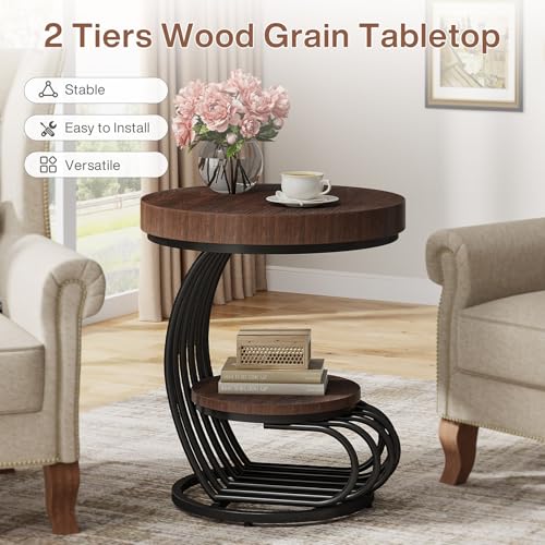 Tribesigns Round End Table, 2-Tier Farmhose Wood Side Table with Shelf Storage, Small Sofa Side Bedside Nightstand, Arc-Shaped Frame Accent Furniture for Living Room, Rustic Brown