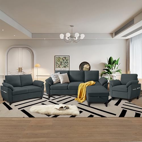 4 Piece Convertible Sectional Sofa Set, Modern Linen Small L Shaped Couch with Reversible Chaise, 3-Seater Sofa & Loveseat & Armchair for Living Room, Office, Apartment, Dark Grey