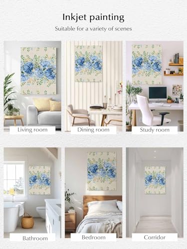 NuYeBiofx Blue Hydrangea Farm Eucalyptus Canvas Wall Art Prints,48"x32" Framed Picture Artwork Vintage Linen Texture Printed Canvas Oil Painting for Living Room Bedroom Office,Ready to Hang