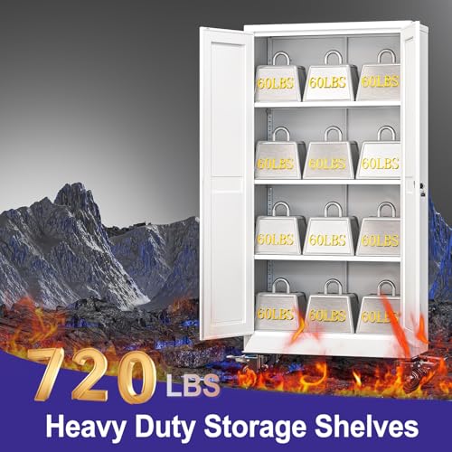 Metal Storage Cabinet with Wheels,Tall Rolling Garage Storage Cabinet with 2 Doors and 3 Adjustable Shelves - 61" Steel Lockable File Cabinet,Locking Tool Cabinets for Garage,Office,Gym,School(White)